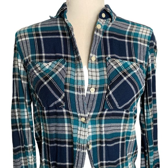 Aeropostale Lightweight Button Up Flannel Shirt S Blue Green Plaid Pockets - Picture 2 of 6